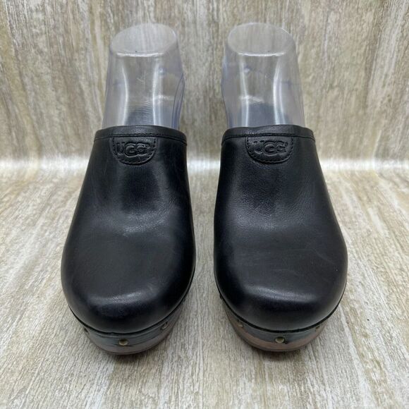 UGG Abbie Black Leather Slip On Heeled Mules Womens 7 Clogs Shoes Chunky Y2K - Picture 3 of 10